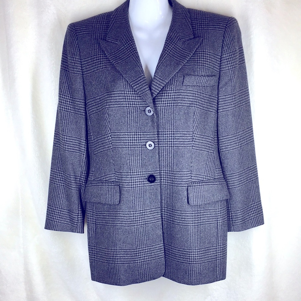 ESCADA 38 Black Gray Plaid cashmere Blazer Jacket 8
